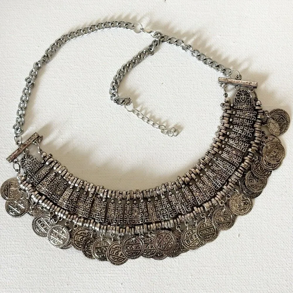 Silver Tone Coin Wide Choker Necklace Bohemian Gypsy Love Affair 16.5” - Picture 7 of 14